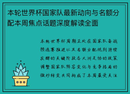 本轮世界杯国家队最新动向与名额分配本周焦点话题深度解读全面